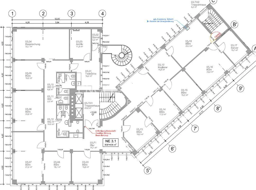 Architectural floor plan of an office building showing multiple rooms, staircases, restrooms, and dimensions in black and white.