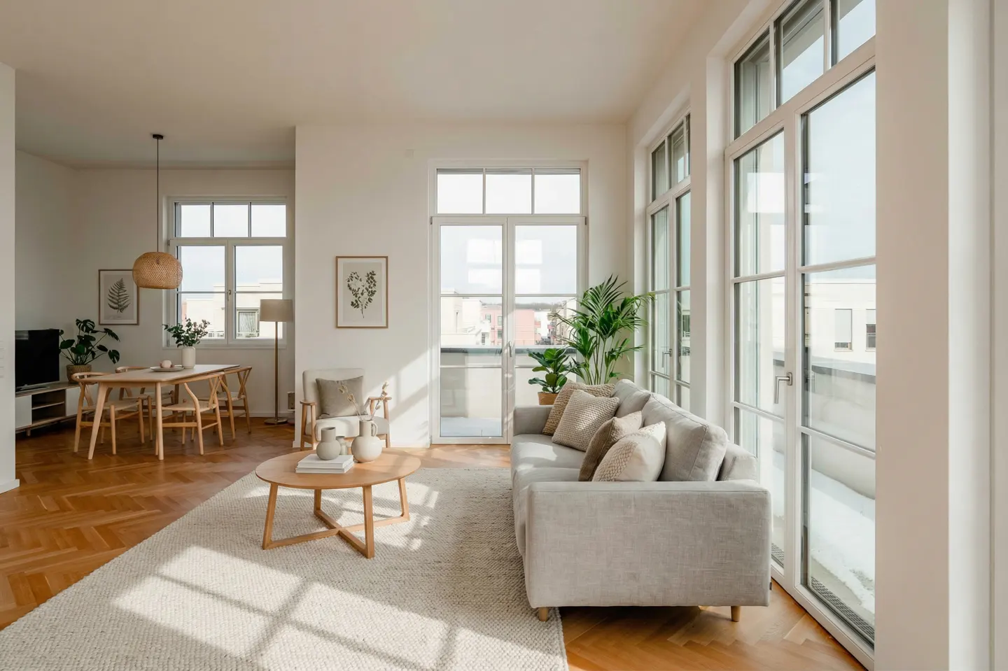 Bright, open-plan living space with a grey sofa, wooden table, and large windows. A dining area is visible in the background.