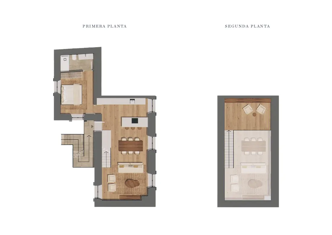 Floor plan of a two-story house, showing the layout of rooms and furniture on each level.