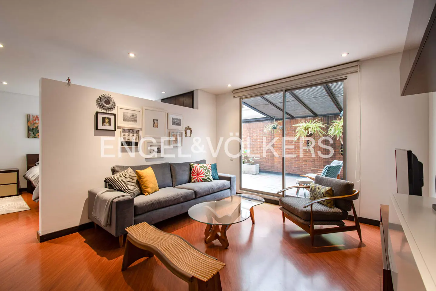 Modern living room with a grey sofa, glass coffee table, accent chair, and a partition wall decorated with framed photos.