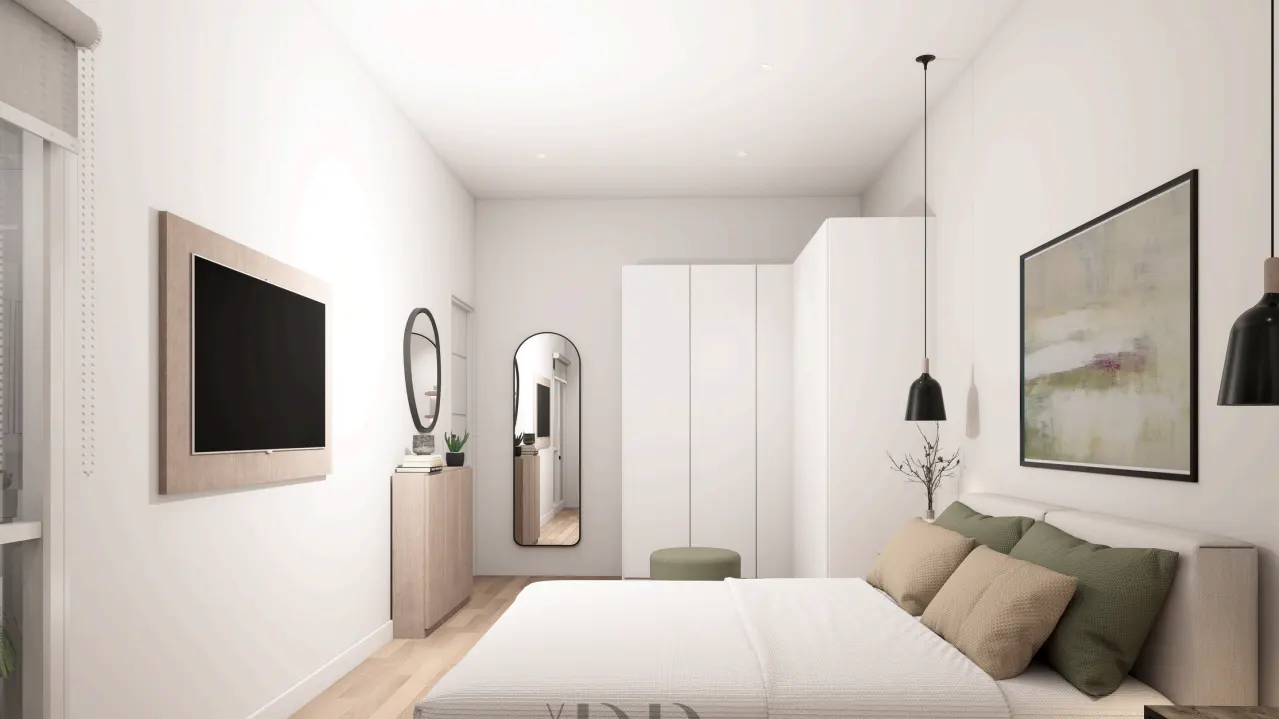A modern bedroom with white walls, a bed with pillows, and a TV on the wall.