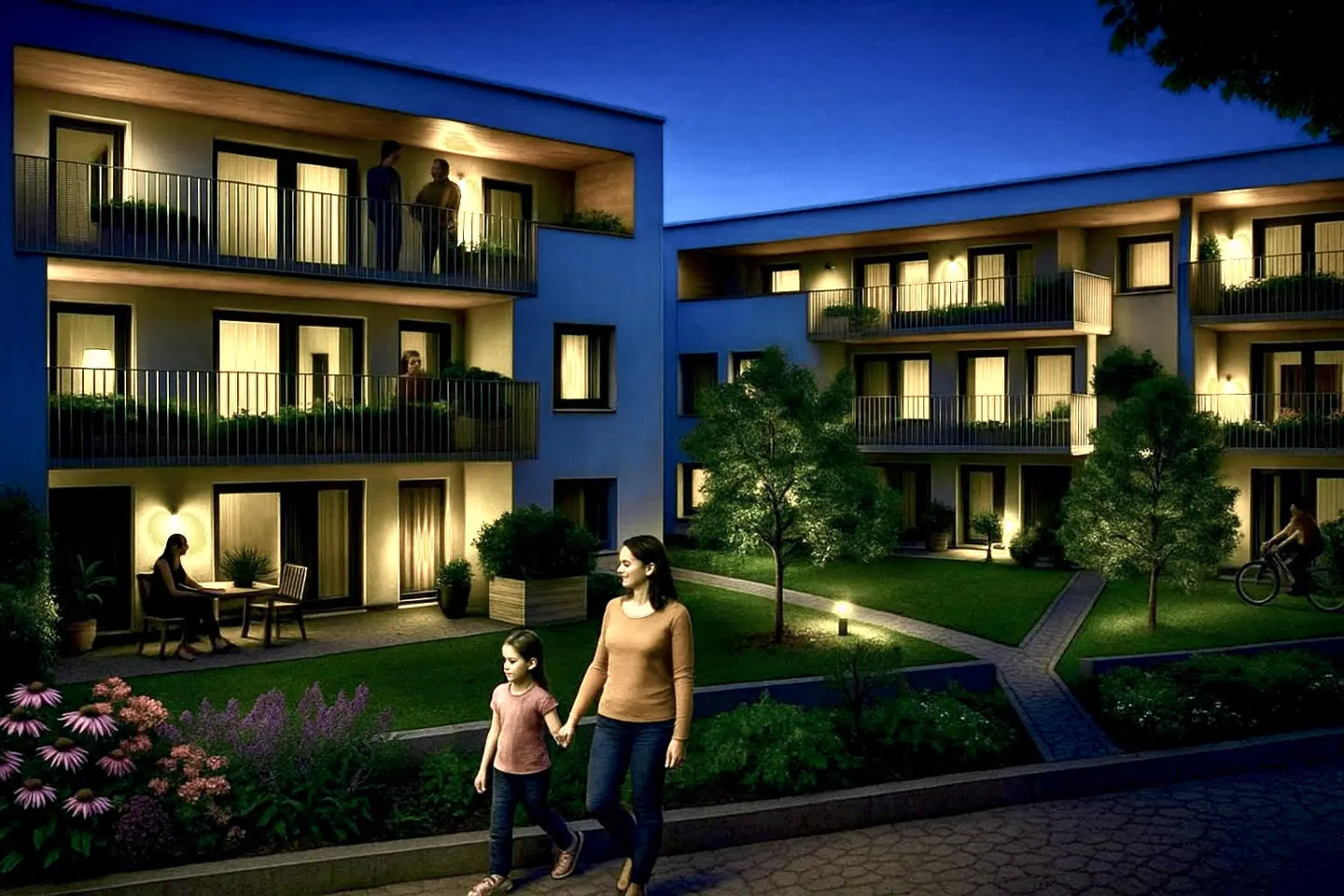 Night view of modern apartments with balconies. A woman and child walk in the foreground. Courtyard with trees and lights.