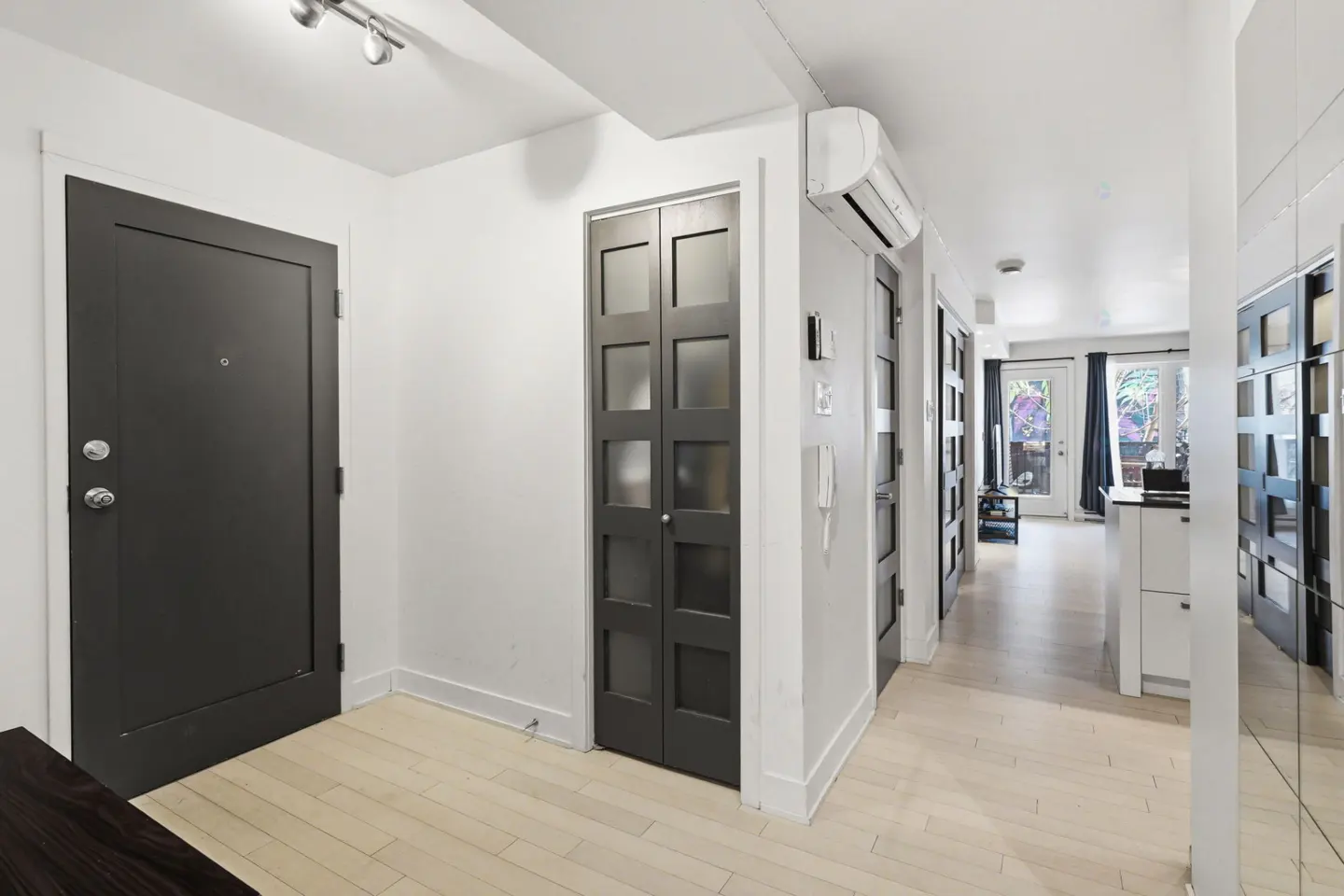 A bright hallway with light wood floors, white walls, and dark doors. A closet and front door are on the left. A kitchen is visible at the end.