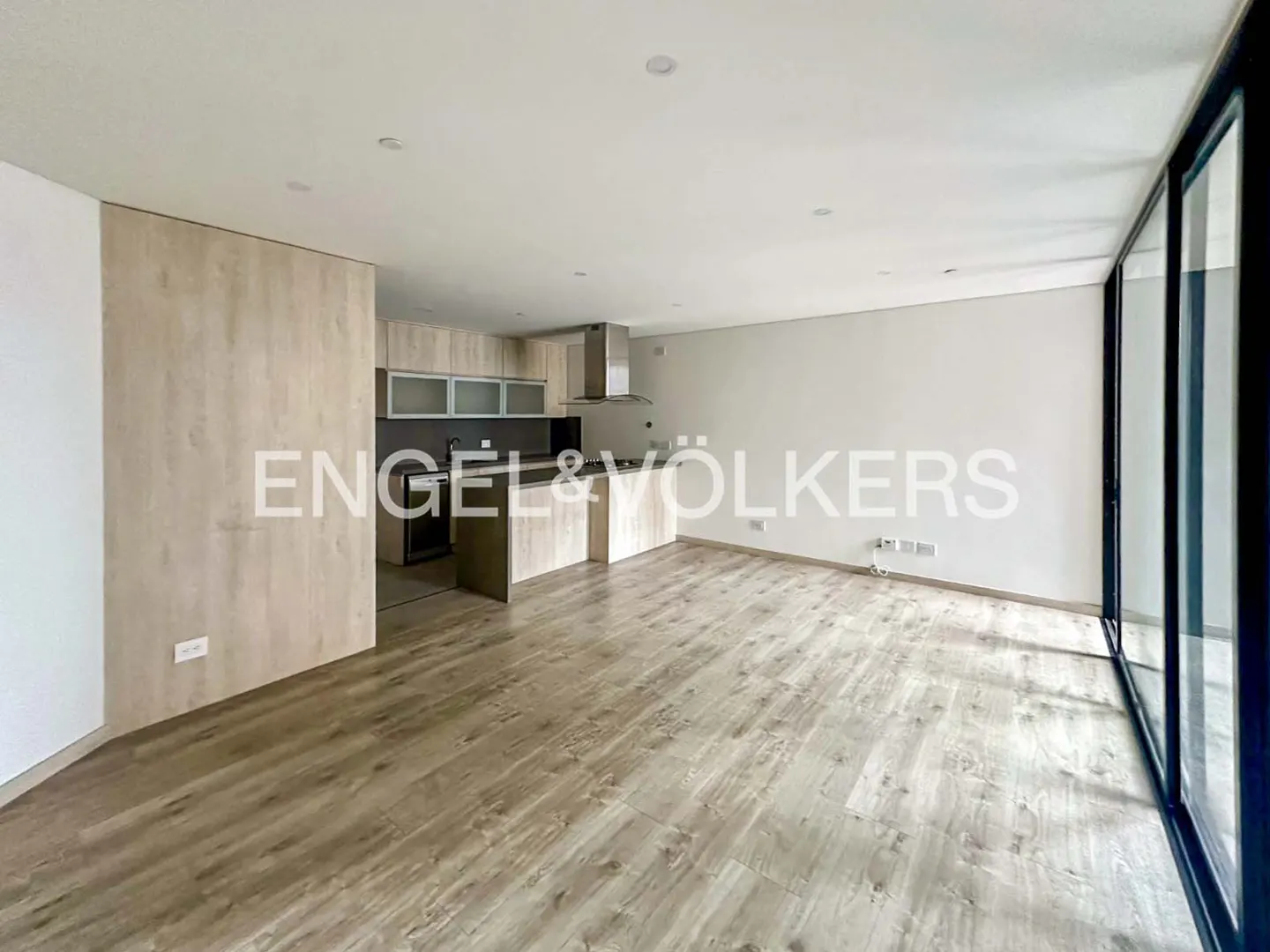A bright, open-concept apartment with wood floors, a modern kitchen with stainless steel appliances, and large windows.