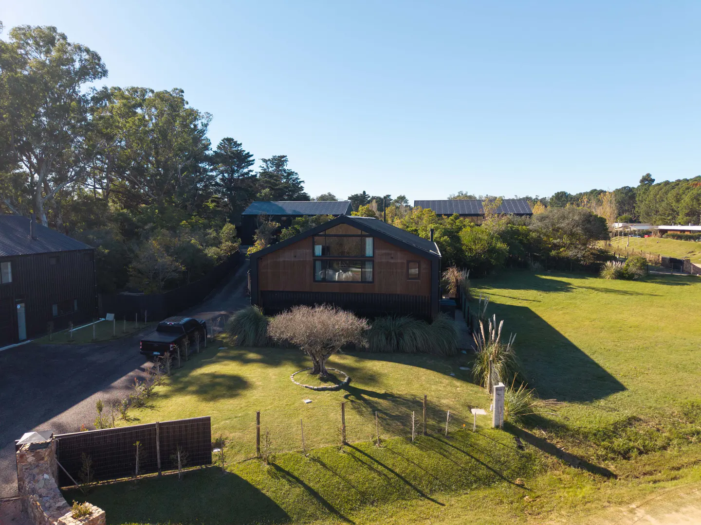 Aerial view of a modern, dark wood home with a large window, surrounded by green lawn and trees on a sunny day.