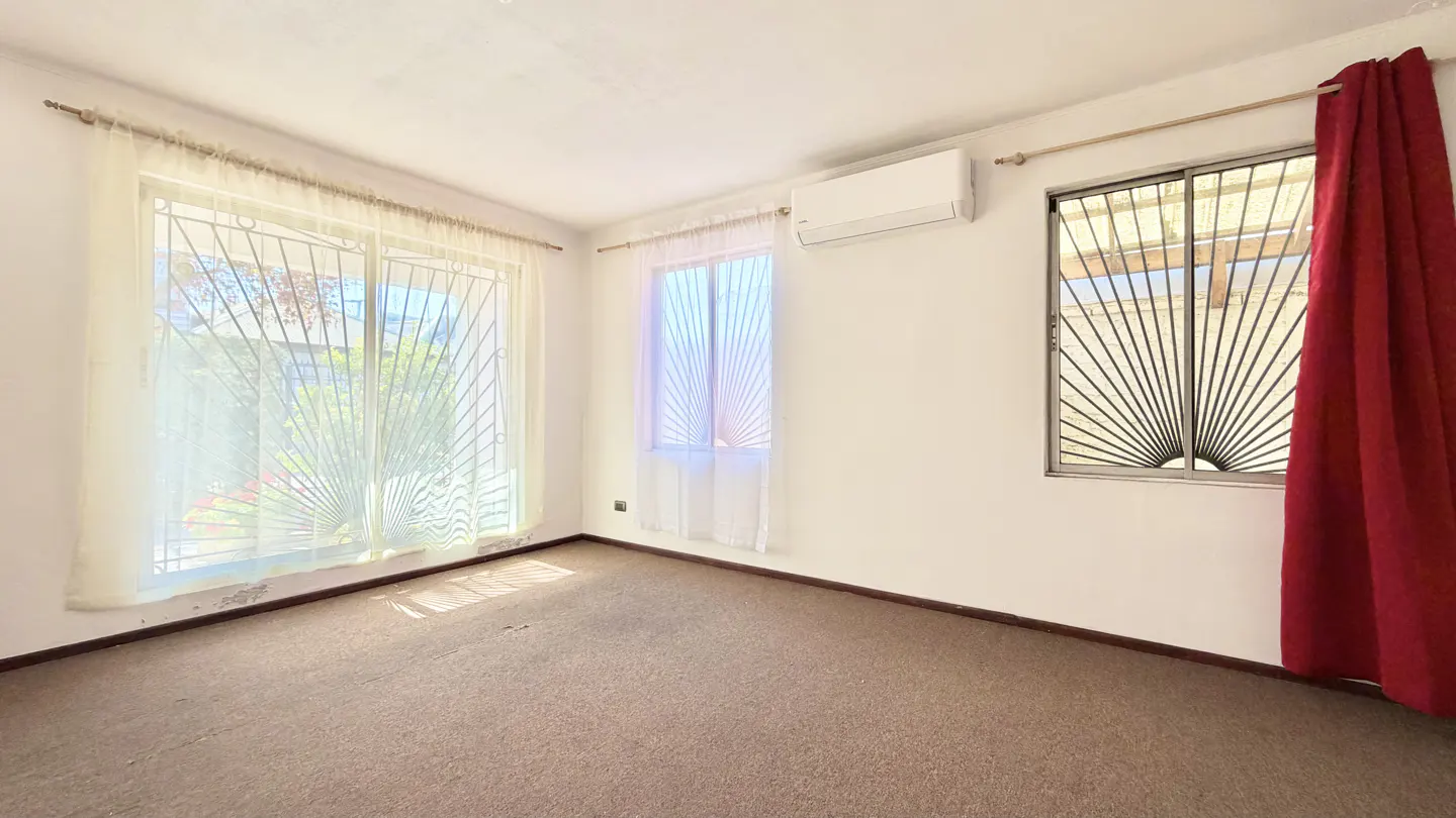 Bright room with beige carpet, white walls, and three windows. Two windows have sheer white curtains, one has a red curtain. All have decorative bars.