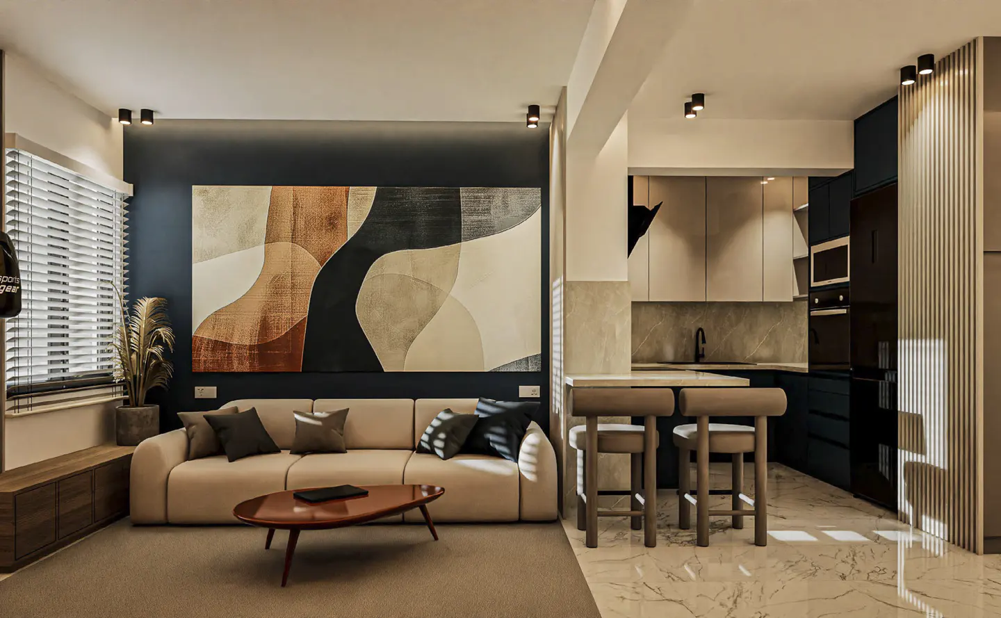Living room with beige sofa, brown coffee table, and abstract art on a dark blue wall. Kitchen with bar stools in the background.