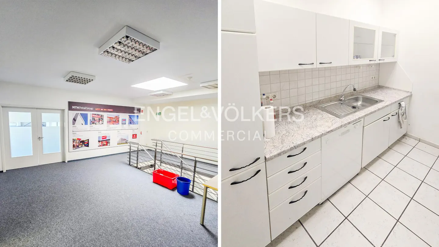 Commercial space with gray carpet, white walls, and a kitchen area with white cabinets and a stainless steel sink.