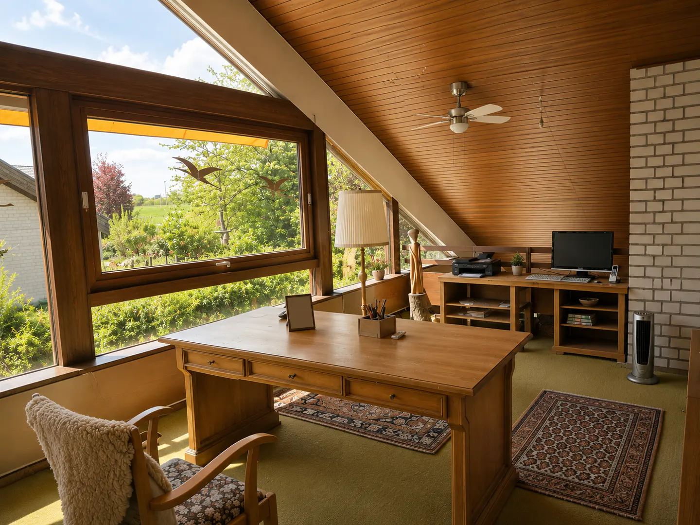 Attic office with wood paneling, large windows overlooking greenery, and a wooden desk with chair. A computer sits on a shelf desk.