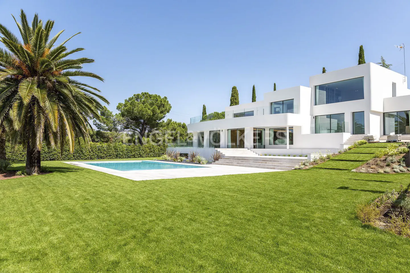 Modern white multi-level villa with a swimming pool, large green lawn, and palm tree under a clear blue sky.