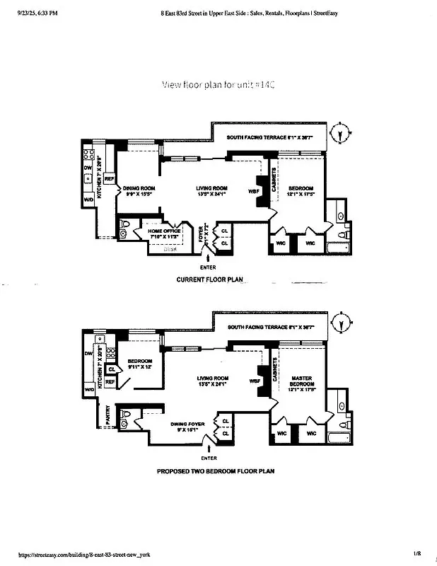 Floor plan showing the current and proposed two-bedroom layout of unit 14C, including dimensions, terraces, and room labels.
