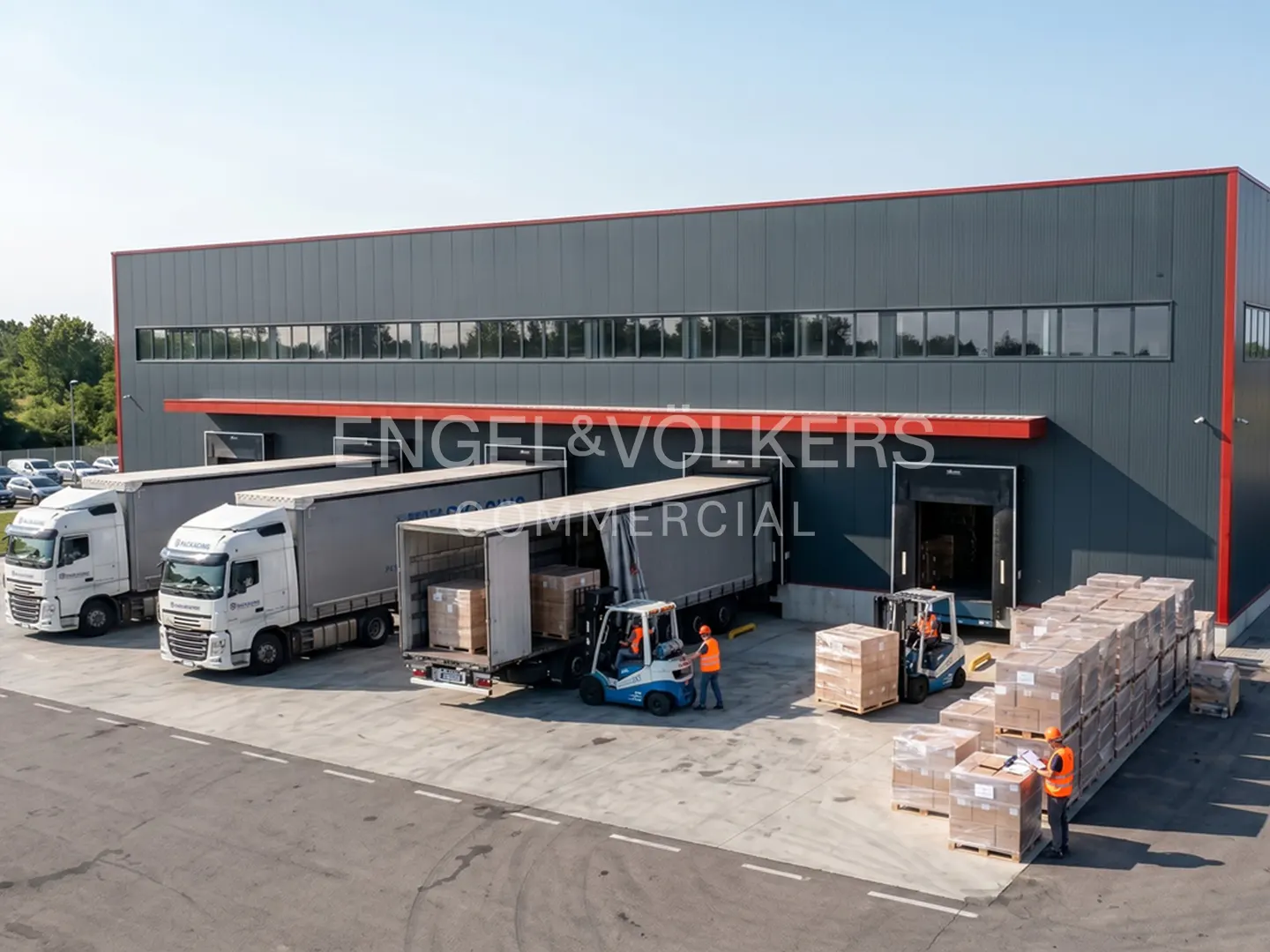 Exterior of a gray warehouse with trucks being loaded by forklifts with workers in orange vests.