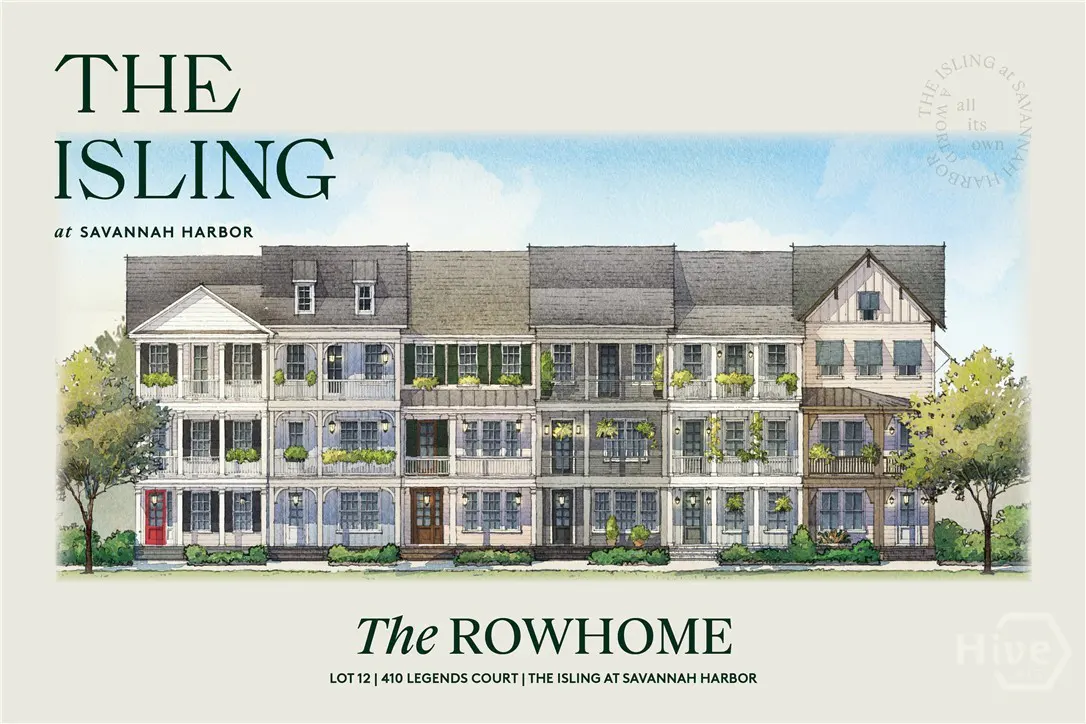 Watercolor rendering of "The Isling" rowhomes at Savannah Harbor, showcasing varied architectural styles and colors.