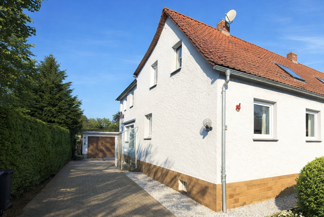 Exterior view of a two-story white house with a red tile roof, a brick driveway, and a green hedge.