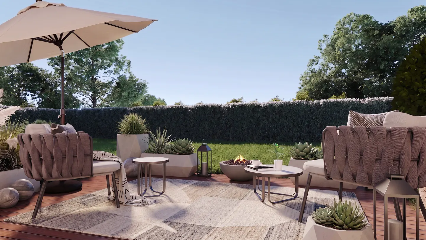Outdoor patio with brown wicker chairs, a fire pit, and a beige umbrella on a wooden deck with a patterned rug.