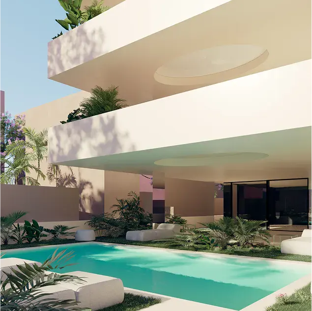 Modern building with a turquoise pool, white lounge chairs, and lush greenery. Balconies with plants add to the serene atmosphere.