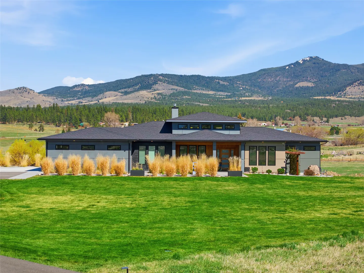 Modern gray house with a dark roof, green lawn, and tall grass in front. Mountains and a blue sky are in the background.