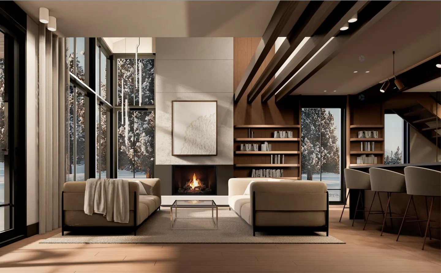 Living room with beige sofas, fireplace, and floor-to-ceiling windows showing a snowy landscape. Wooden beams accent the ceiling.