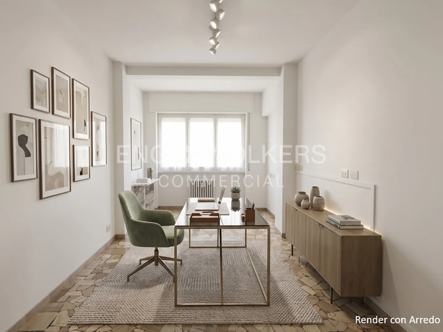 Bright office space with a glass desk, green chair, and light wood cabinets on a patterned floor. Artwork adorns the white walls.