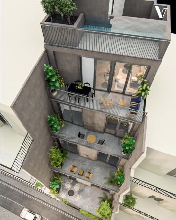 Aerial view of a modern, multi-story building with balconies. Each balcony has outdoor furniture and potted plants. The top floor features a small pool. [AI-generated text]