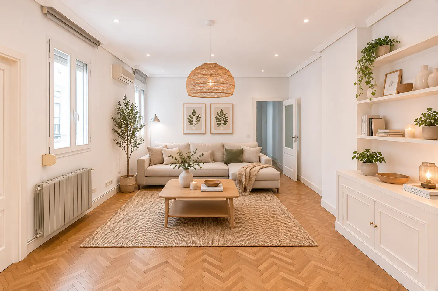 Bright living room with a beige sectional sofa, wood coffee table, and woven rug on a herringbone wood floor. White walls and built-in shelves.