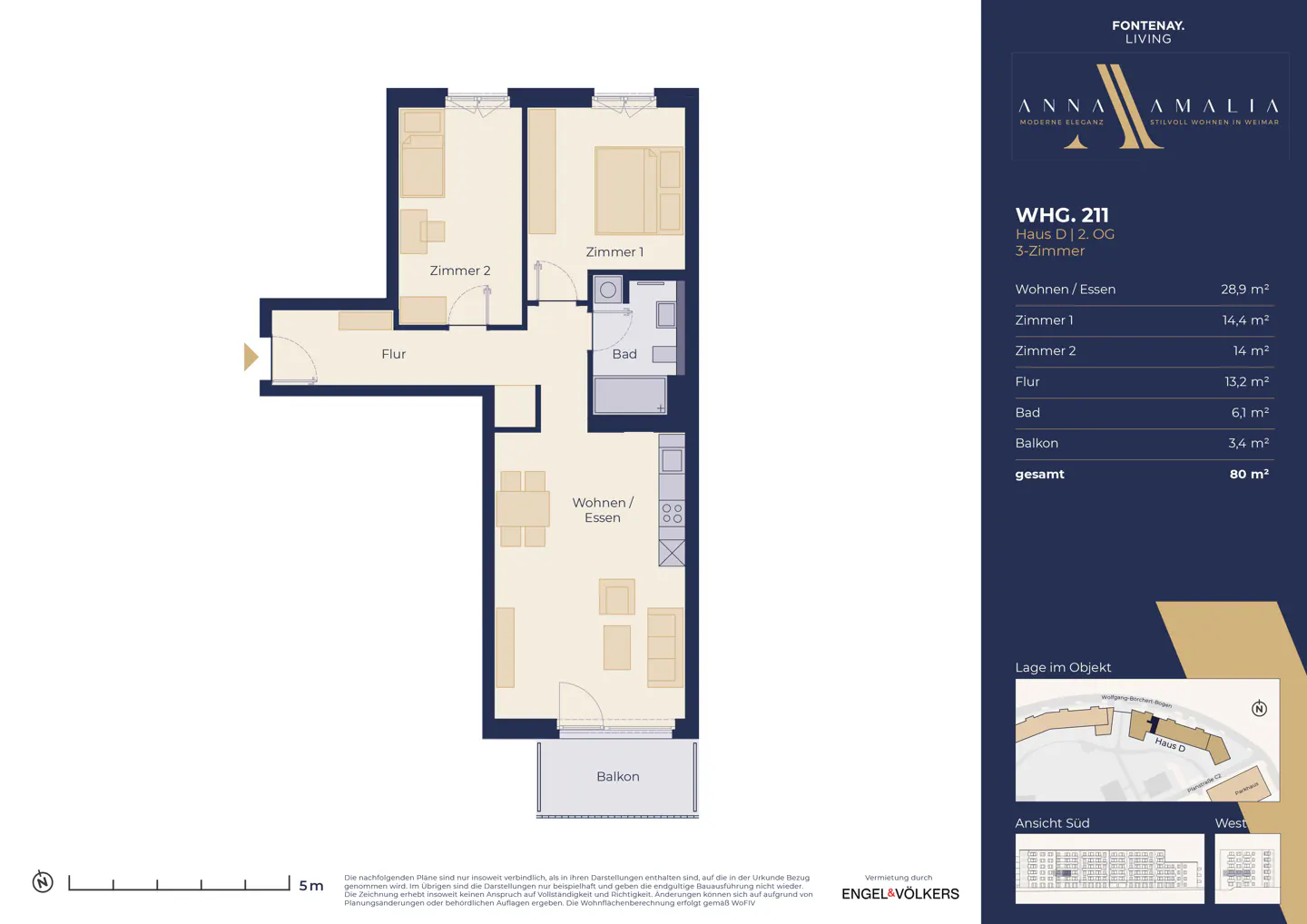 Floor plan of a 3-room apartment with a balcony, including a living/dining area, two bedrooms, a bathroom, and a hallway.