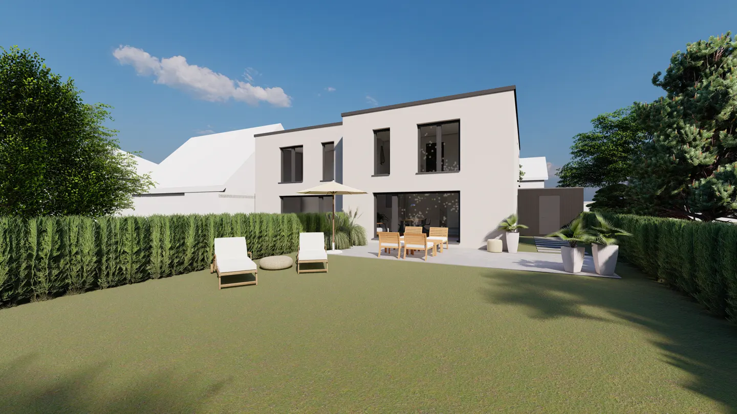 Modern white house with a green lawn, hedge, and patio furniture under a blue sky.