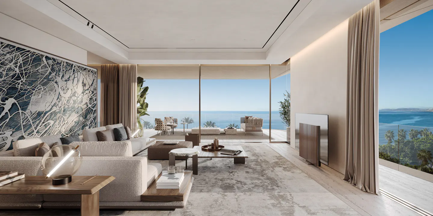 Bright, modern living room with a large abstract painting, neutral furniture, and ocean views through floor-to-ceiling windows.