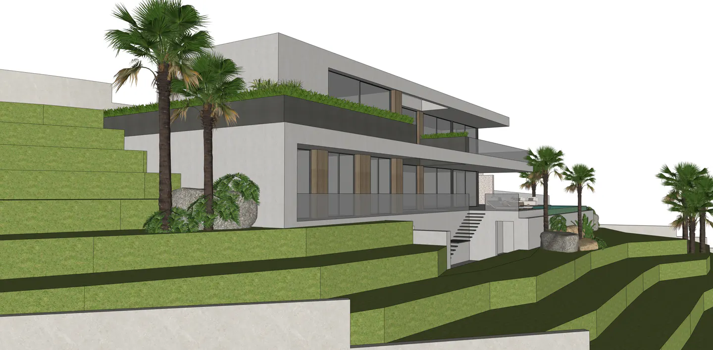 Modern two-story house with a flat roof, large windows, and a balcony, surrounded by palm trees and terraced landscaping.