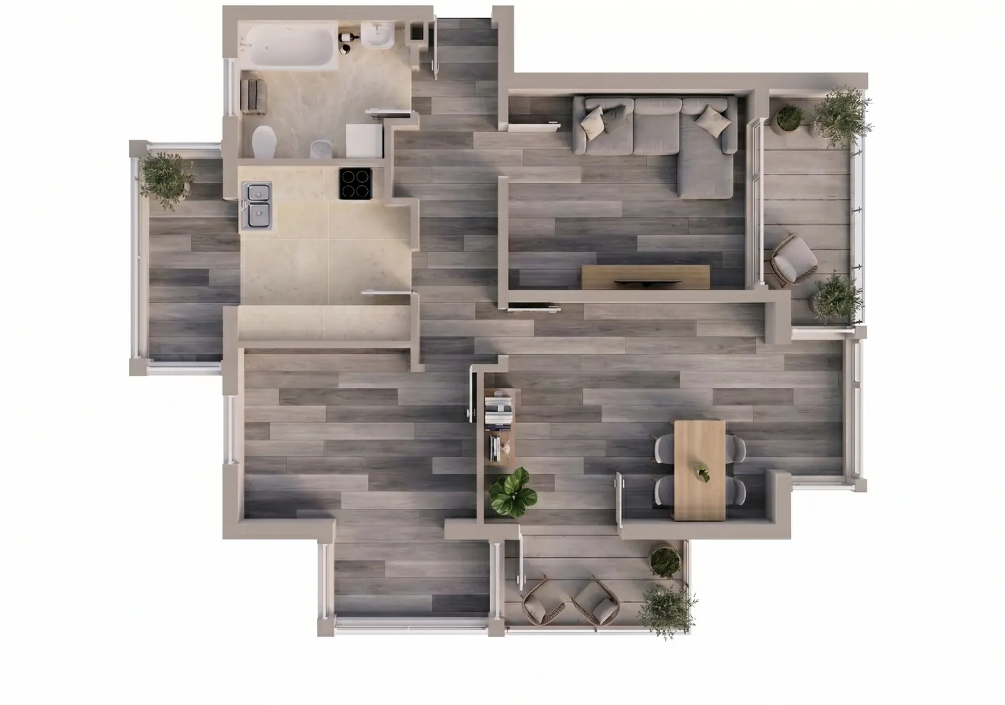 Overhead view of a modern apartment floor plan with wood floors, a gray sofa, dining table, and balcony.