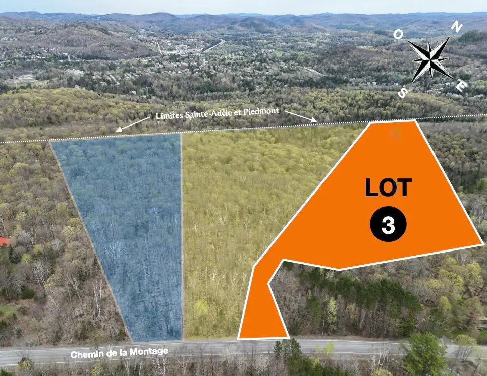 Aerial view of wooded land divided into lots, with Lot 3 highlighted in orange. A road runs along the bottom edge.