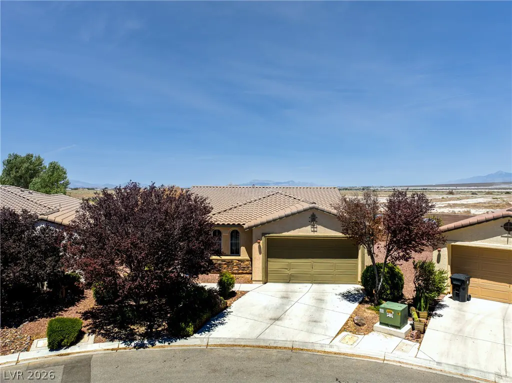 Aerial view of a tan single-story house with a tan tile roof, a two-car garage, and a concrete driveway, with trees and a blue sky.