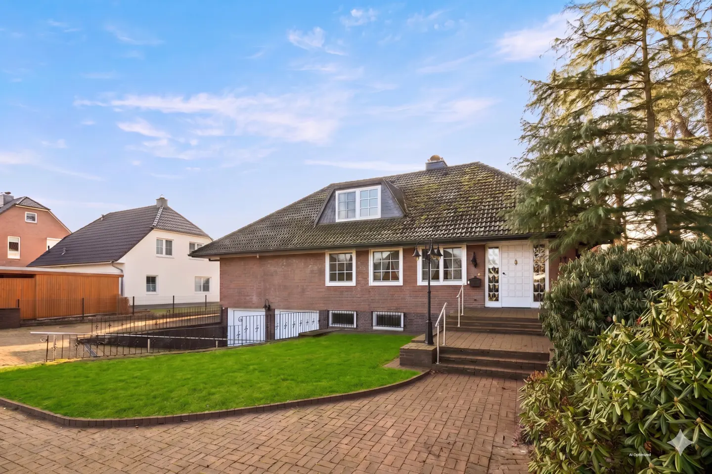 Exterior view of a brick house with a tiled roof, green lawn, and brick driveway under a blue sky.