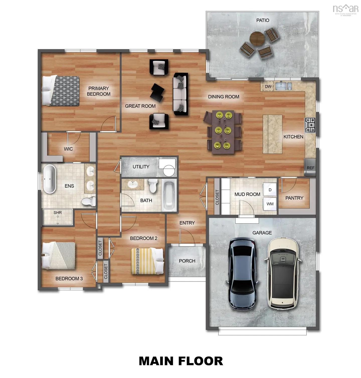 Floor plan of a house with three bedrooms, two bathrooms, a great room, and a two-car garage.