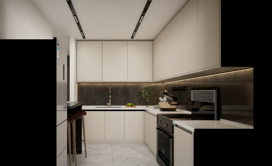 Modern kitchen with white cabinets, black appliances, and marble backsplash. Track lighting illuminates the space.