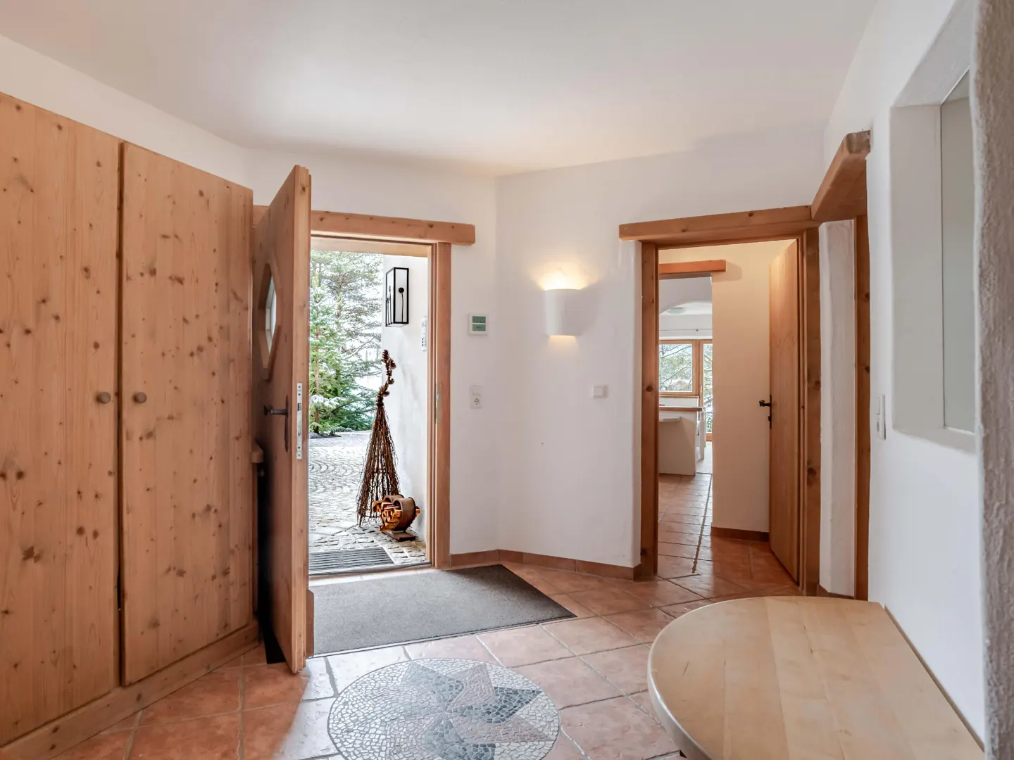 Entryway with wood-paneled closet, open door to snowy yard, and doorway to interior. Tile floor with star design.
