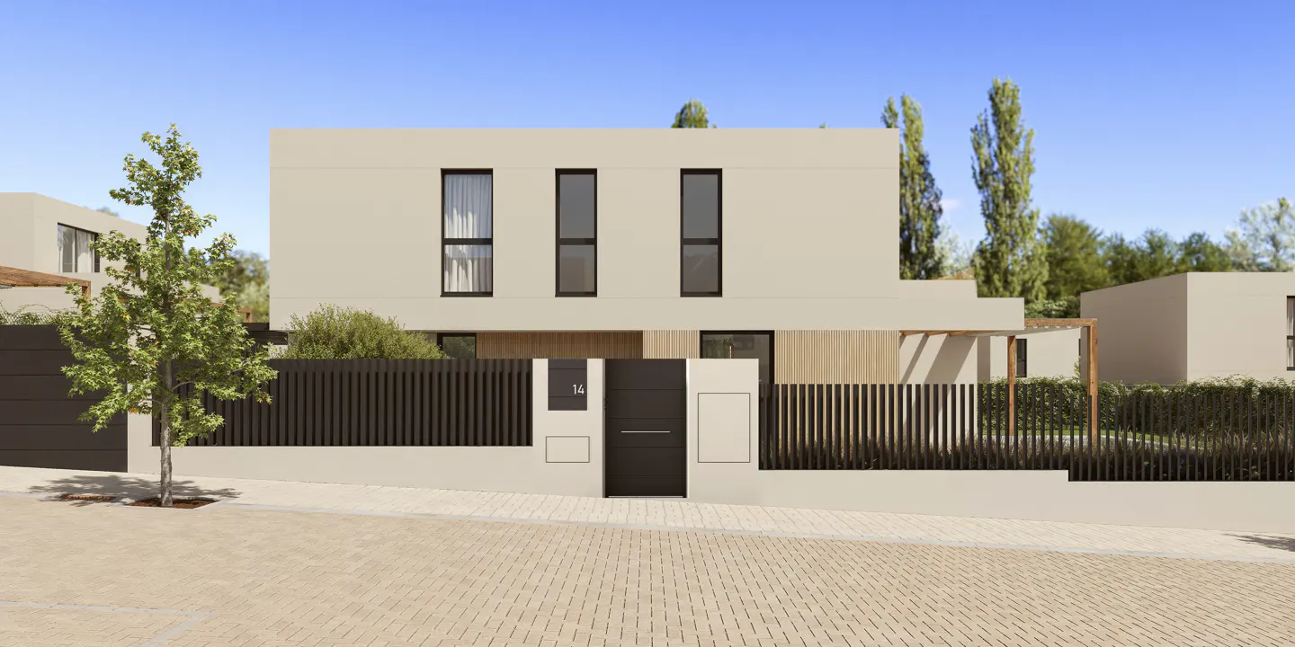 Modern two-story beige house with black-framed windows and a dark brown gate, surrounded by a fence and greenery.