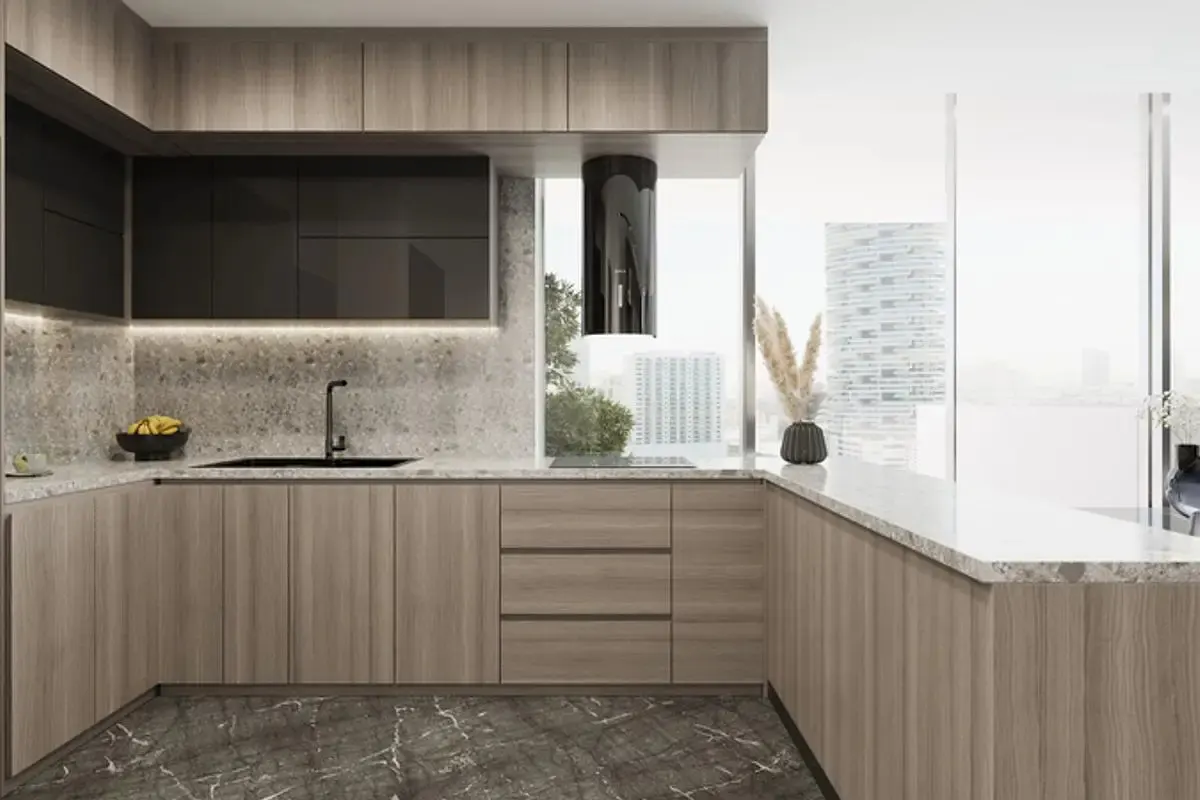 Modern kitchen with wood cabinets, black accents, and marble countertops. A large window offers a city view.