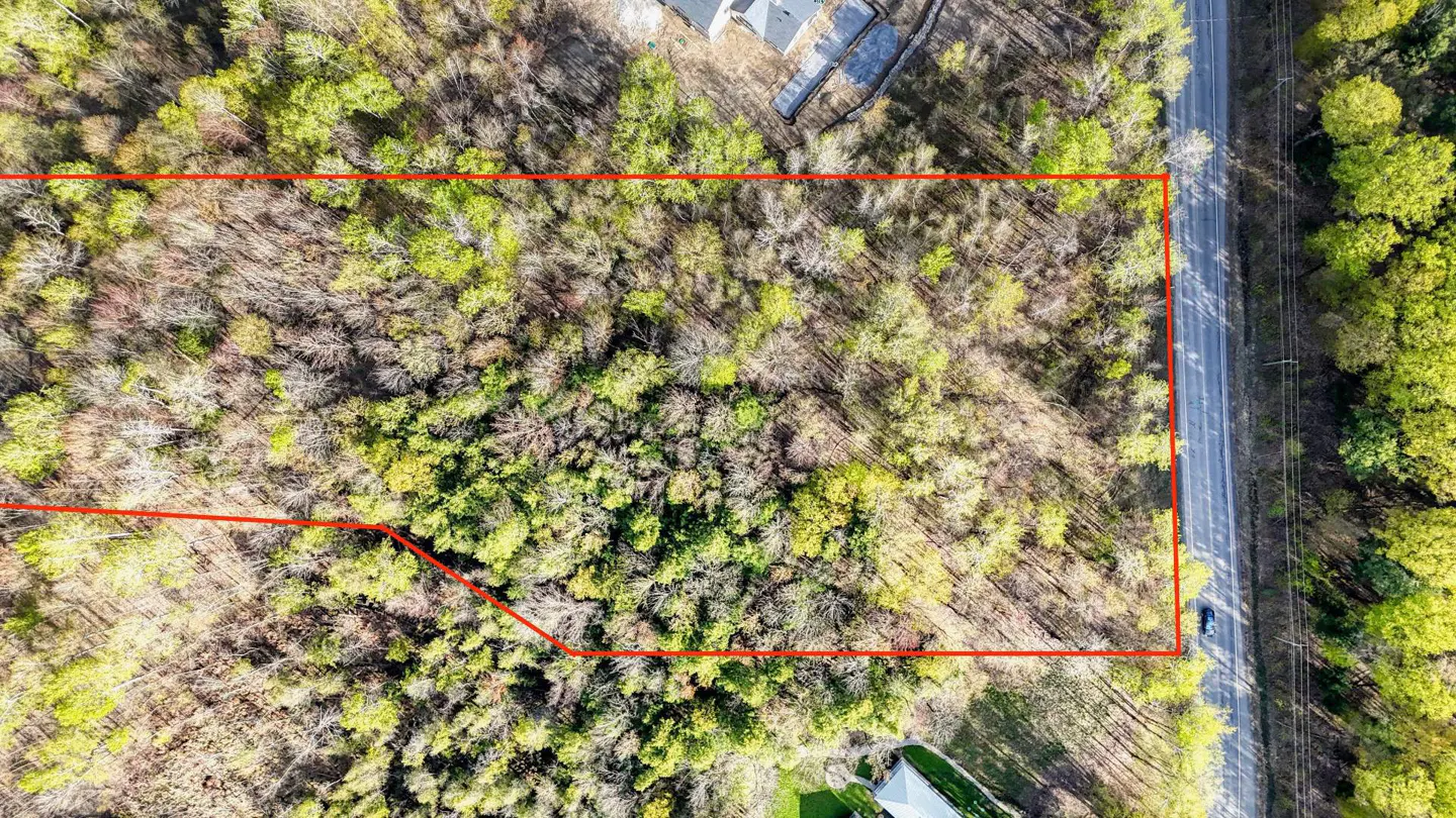 Aerial view of a wooded lot outlined in red, next to a road with trees on either side.