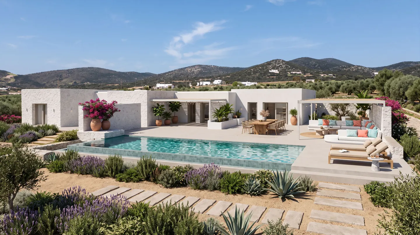 Modern white villa with a pool, patio furniture, and mountain views. Lavender and agave plants line a stone path.