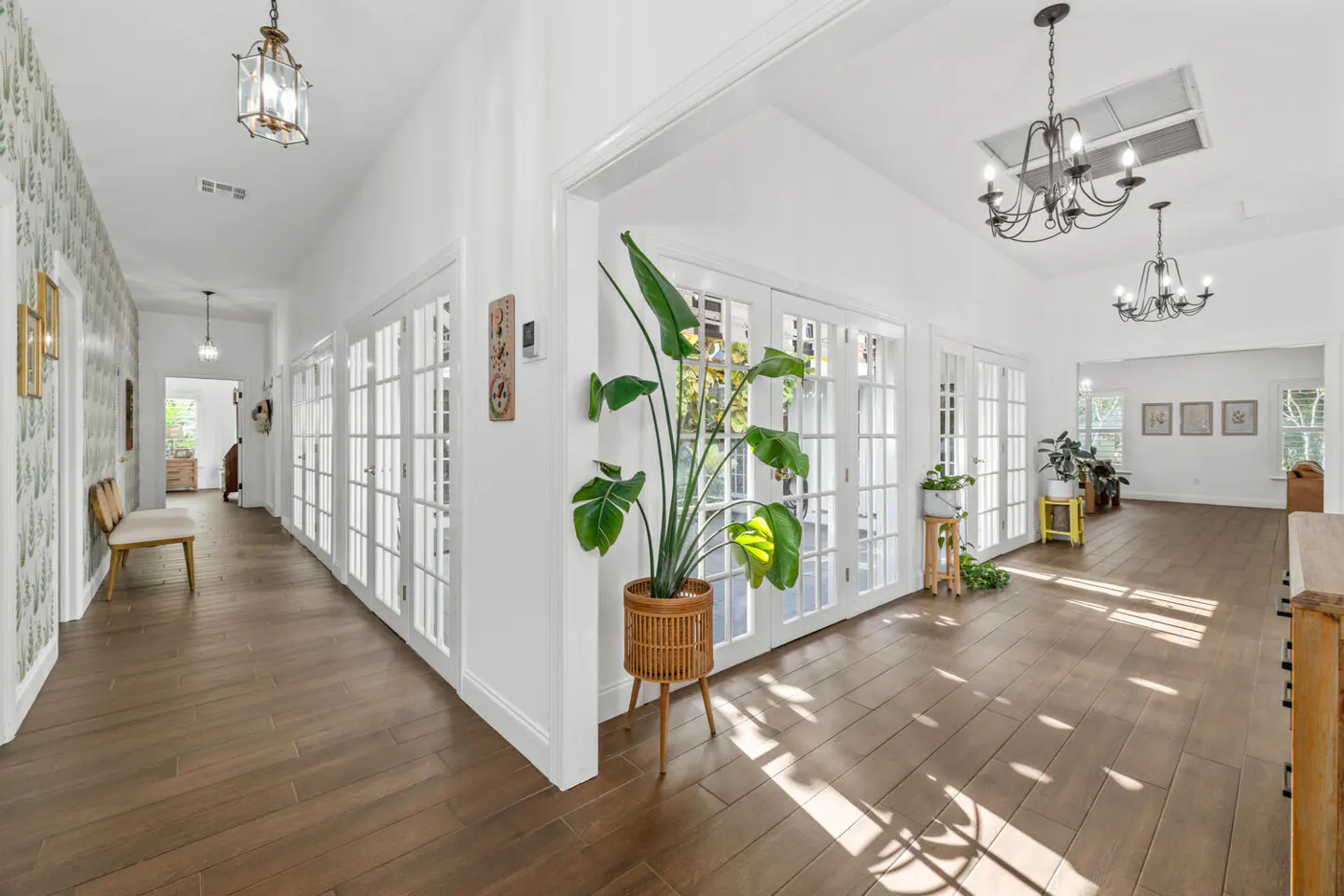 Bright, airy home interior with hardwood floors, white walls, and French doors. A large potted plant sits near the entrance. Chandeliers hang from the ceiling.