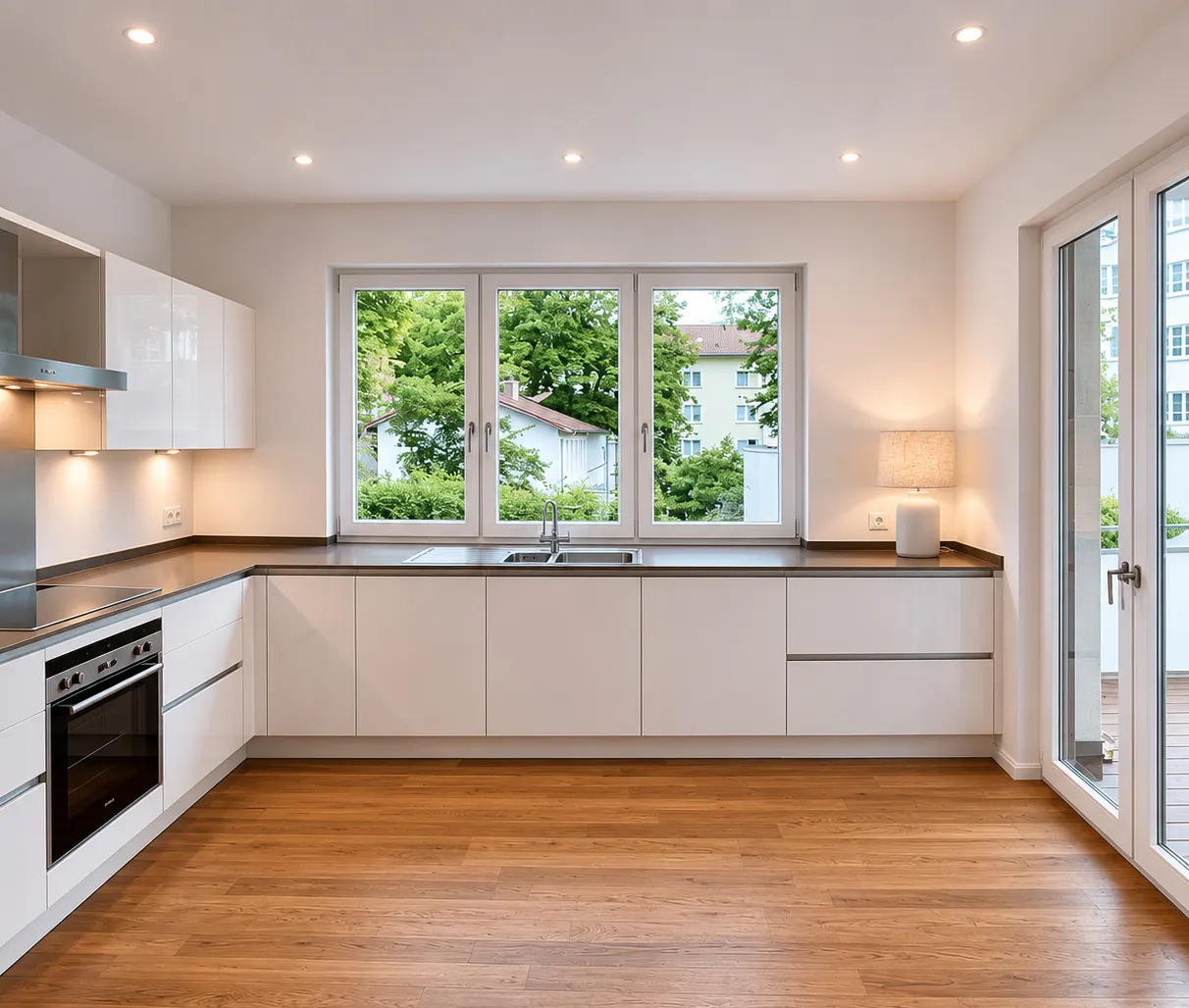 Modern kitchen with white cabinets, dark countertops, wood floors, and large windows overlooking green trees.