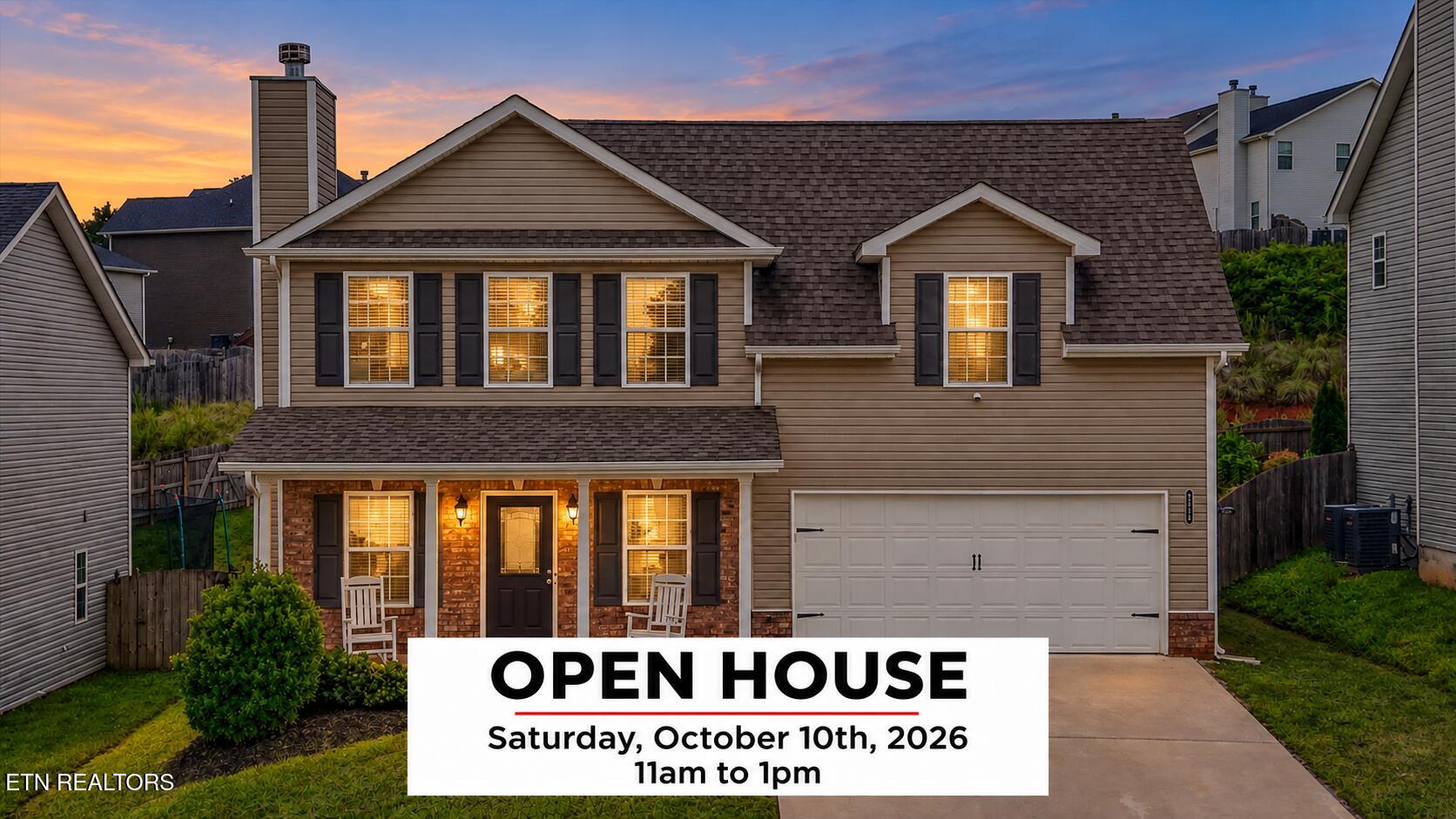 Two-story tan house with a white garage and sunset sky, featuring an Open House sign for Oct 10, 2026, from 11am to 1pm. [AI-generated text]