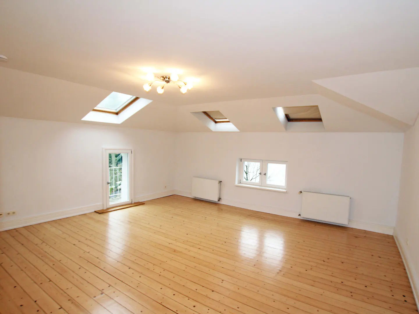 Bright, empty room with wood floors, white walls, skylights, and a door to a balcony.