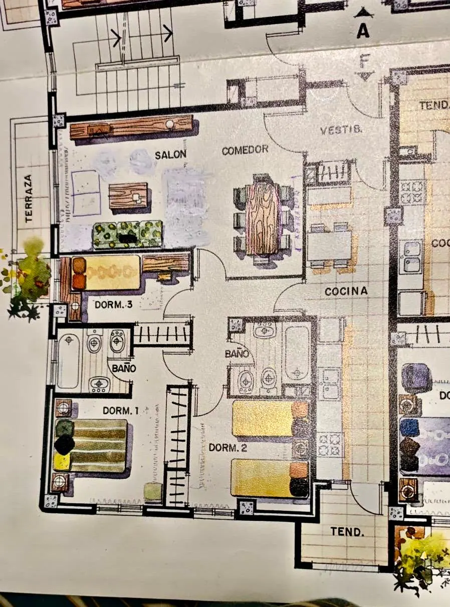 Floor plan of a multi-bedroom apartment with a living room, dining room, kitchen, and terrace. The bedrooms are labeled "DORM. 1," "DORM. 2," and "DORM. 3."