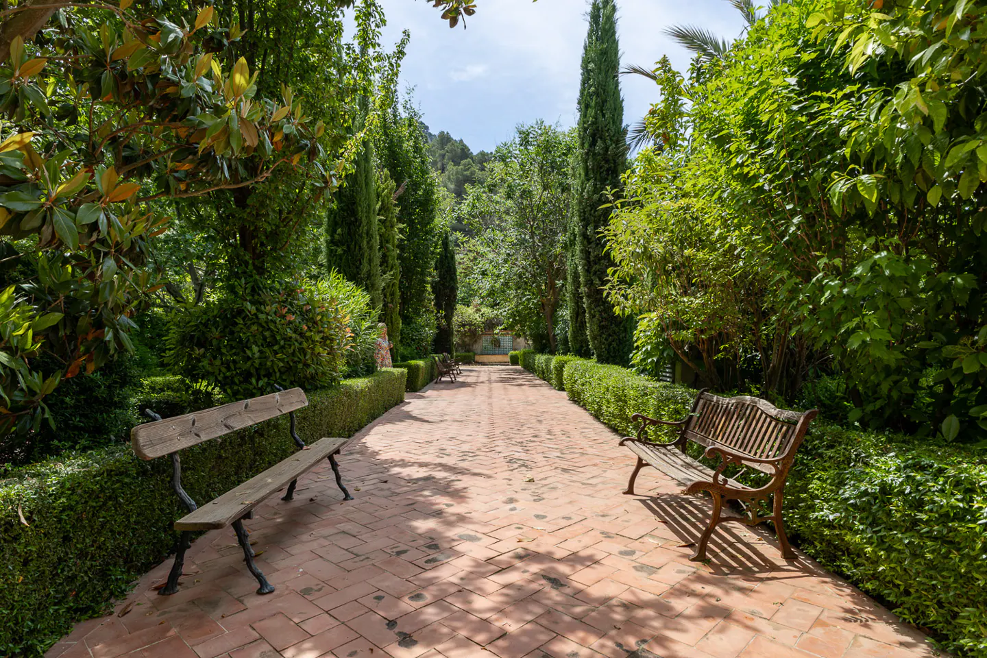 A terracotta-tiled garden path lined with lush green hedges, tall cypress trees, and wooden benches on a sunny day.