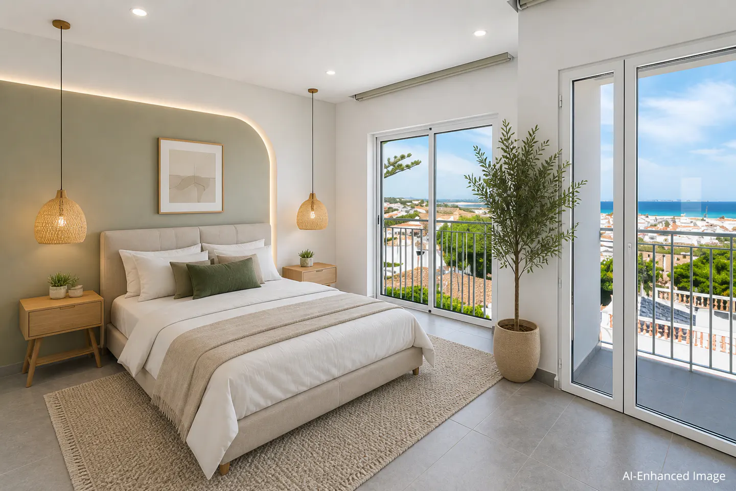 Bright bedroom with a beige bed, woven pendant lights, and a balcony overlooking a coastal town and the ocean.