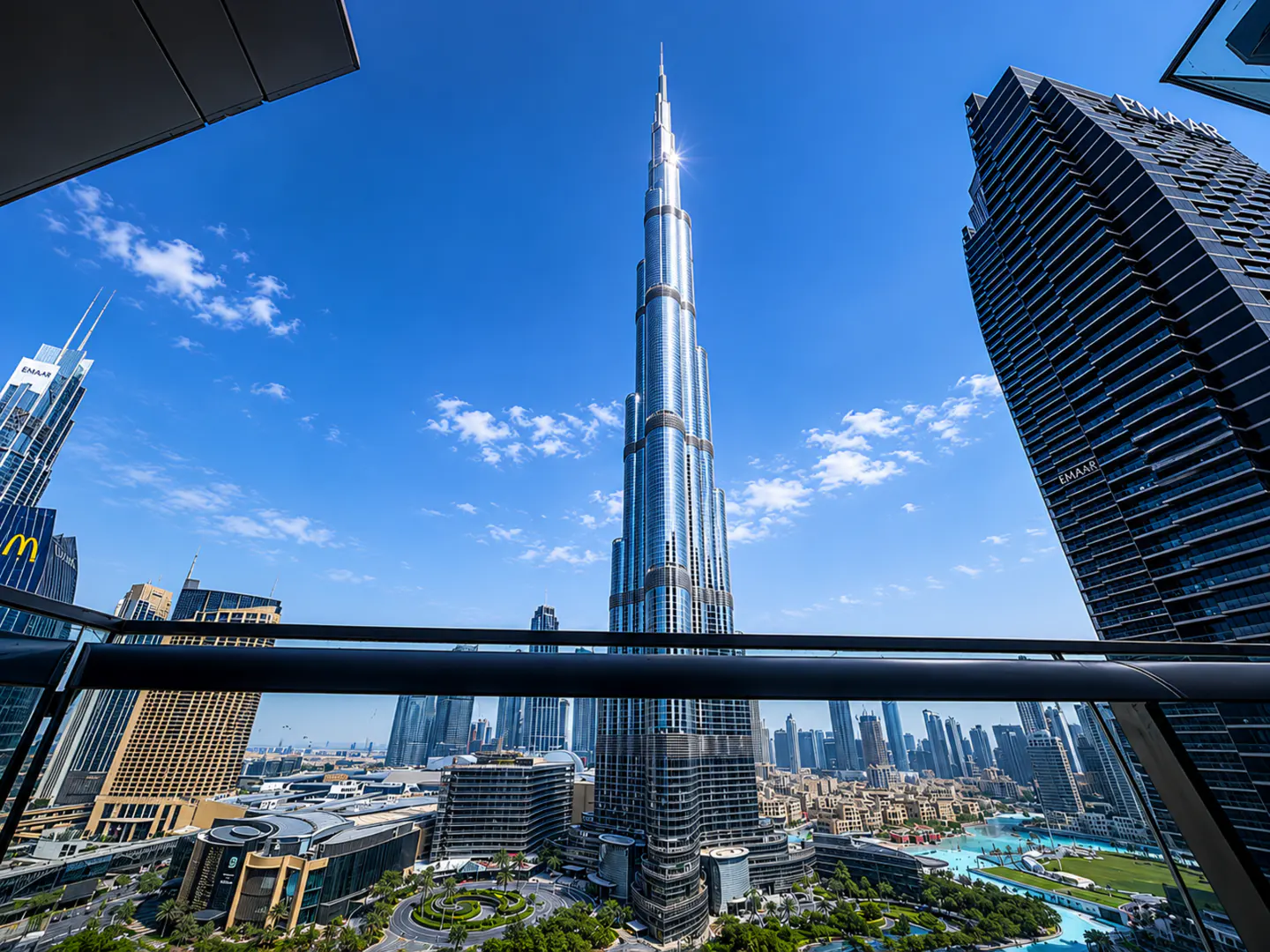 View of the Burj Khalifa and surrounding Dubai skyline from a balcony under a clear blue sky.