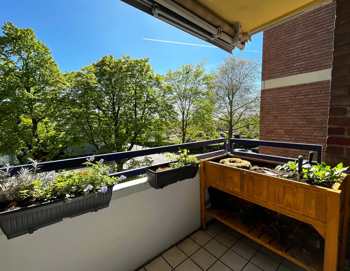 Balcony view with flower boxes, a wooden planter, and lush green trees under a blue sky.