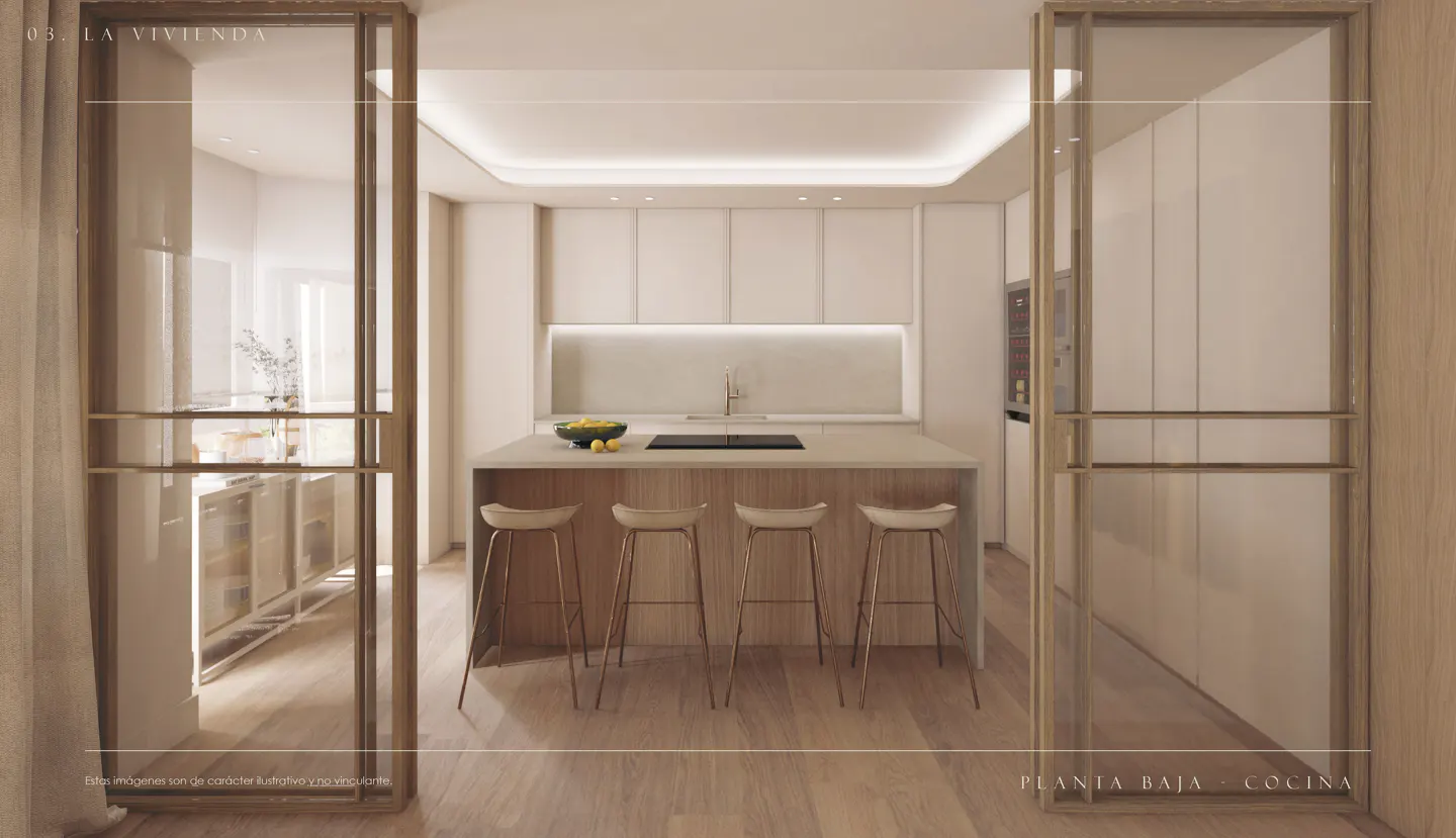 A modern kitchen with white cabinets, a light wood island with four stools, and glass-paneled doors.